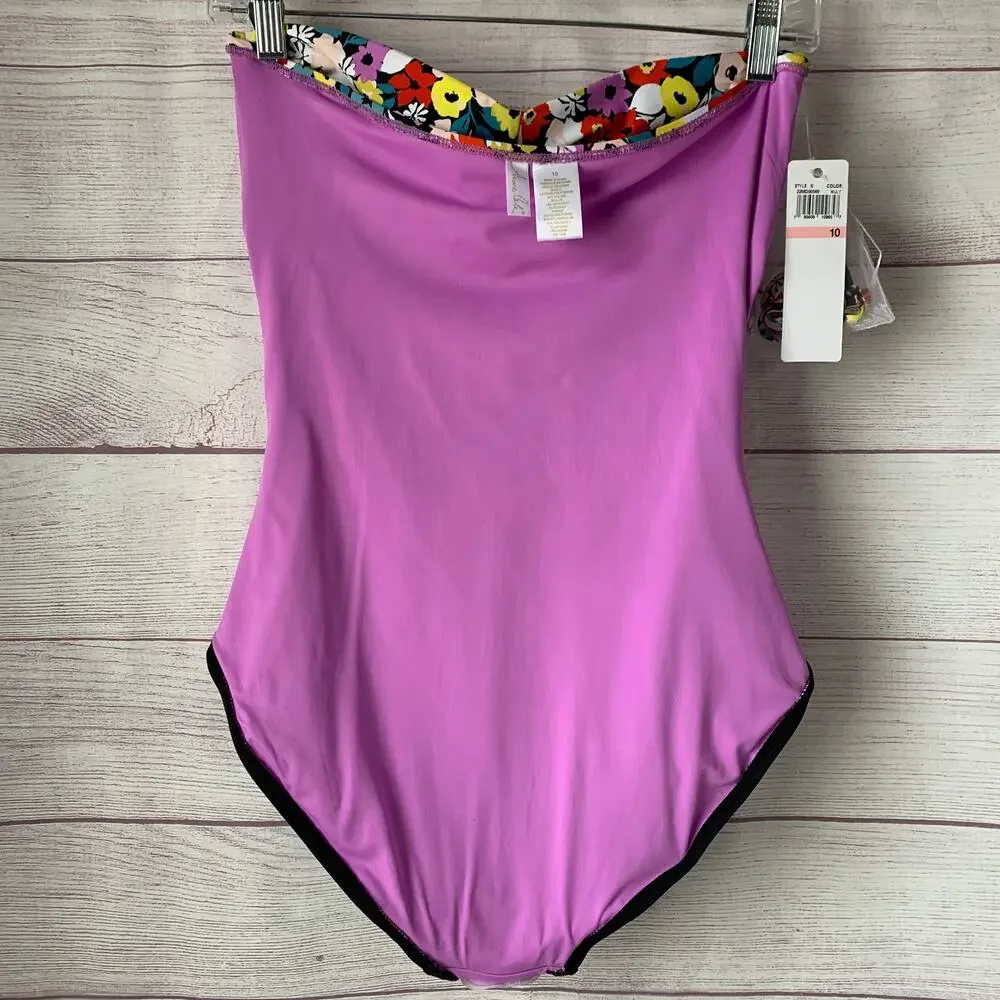 Anne Cole Black Colorful Floral Swimsuit Attachable Halter Strap Size 10